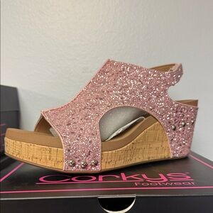 Corkys Glittery Pink Wedge Sandals